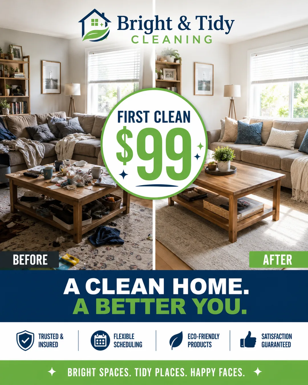 PaceRev-generated house cleaning ad: before-and-after of a cleaned room, first clean $99