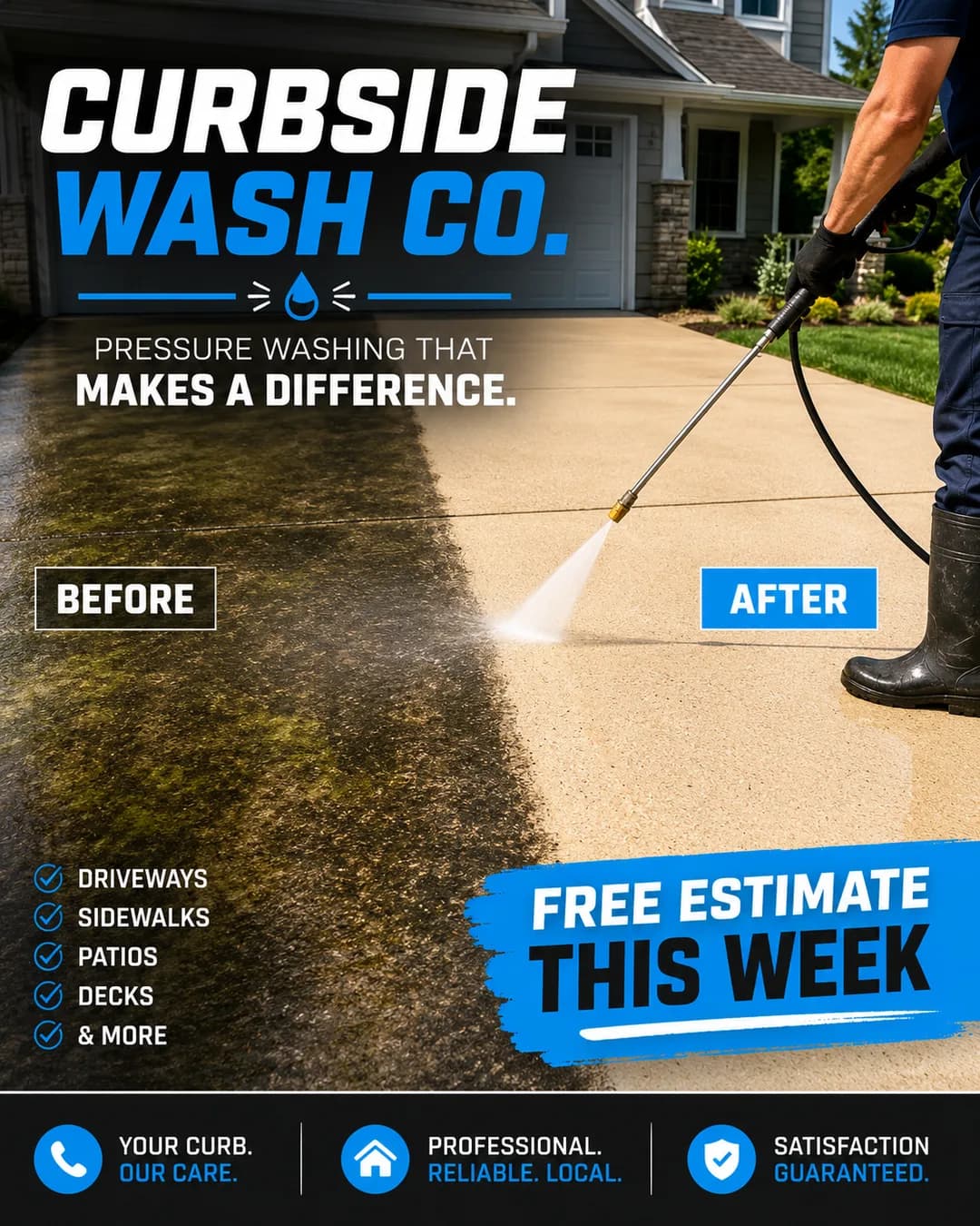 PaceRev-generated pressure washing ad: before-and-after of a washed driveway with a free estimate offer