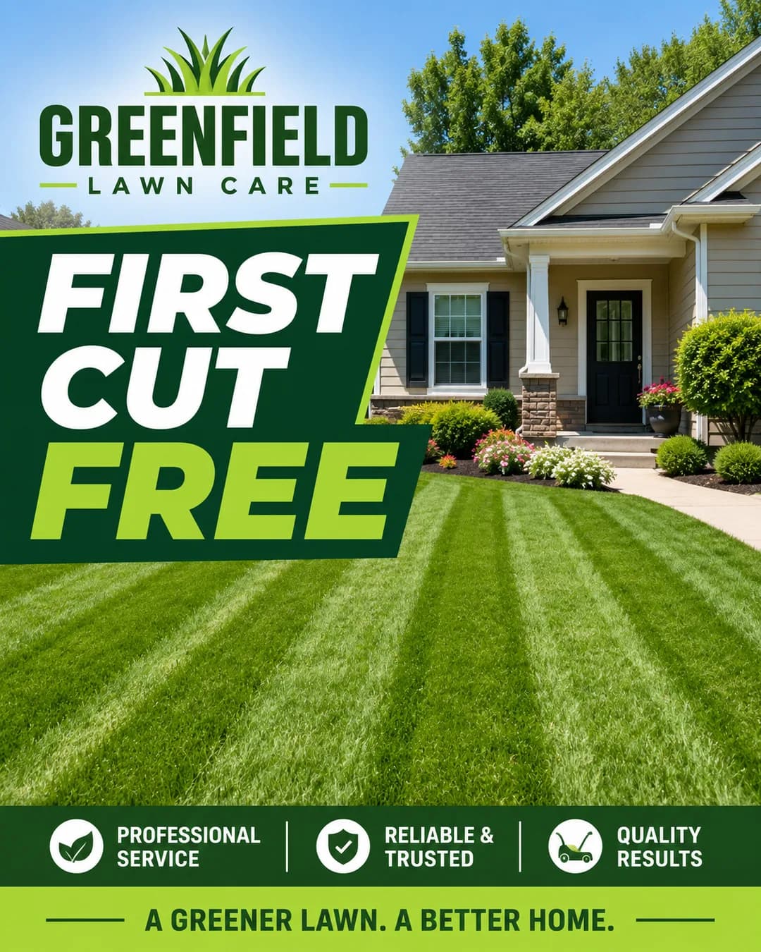 PaceRev-generated lawn care ad: a freshly mowed striped lawn with a free first cut offer