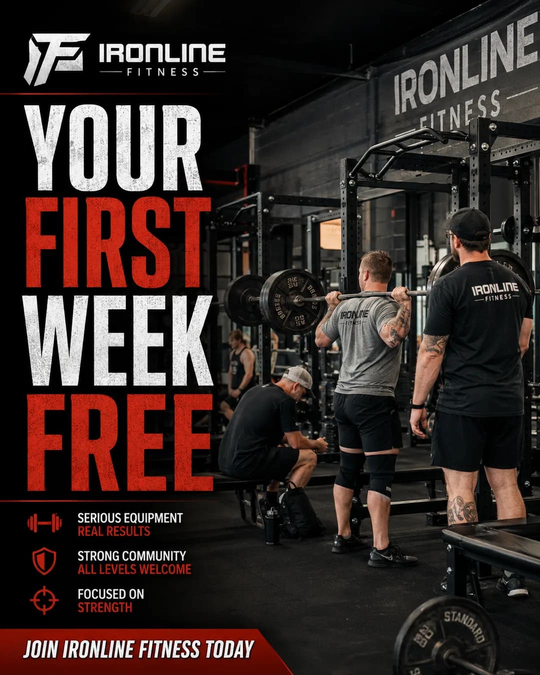 PaceRev-generated gym ad: real gym floor with members training, first week free