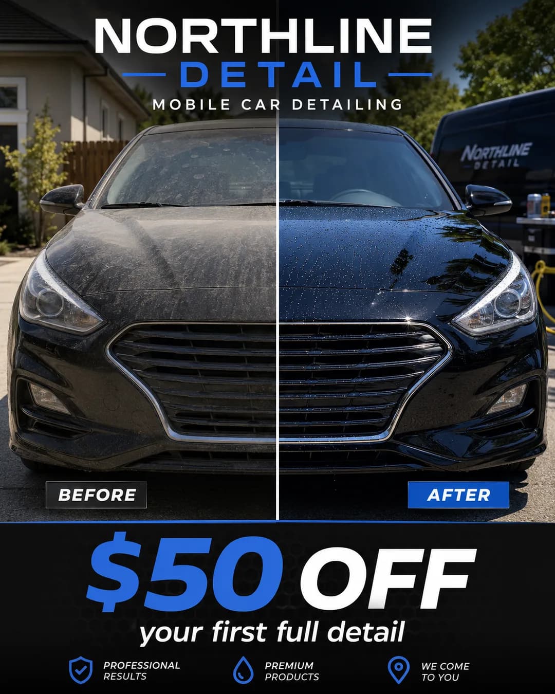 PaceRev-generated car detailing ad: before-and-after of a full detail with $50 off the first booking